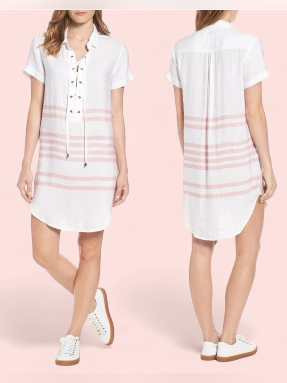 Rails White Tunic Polo with Pink Stripes and Lace-Up Neck